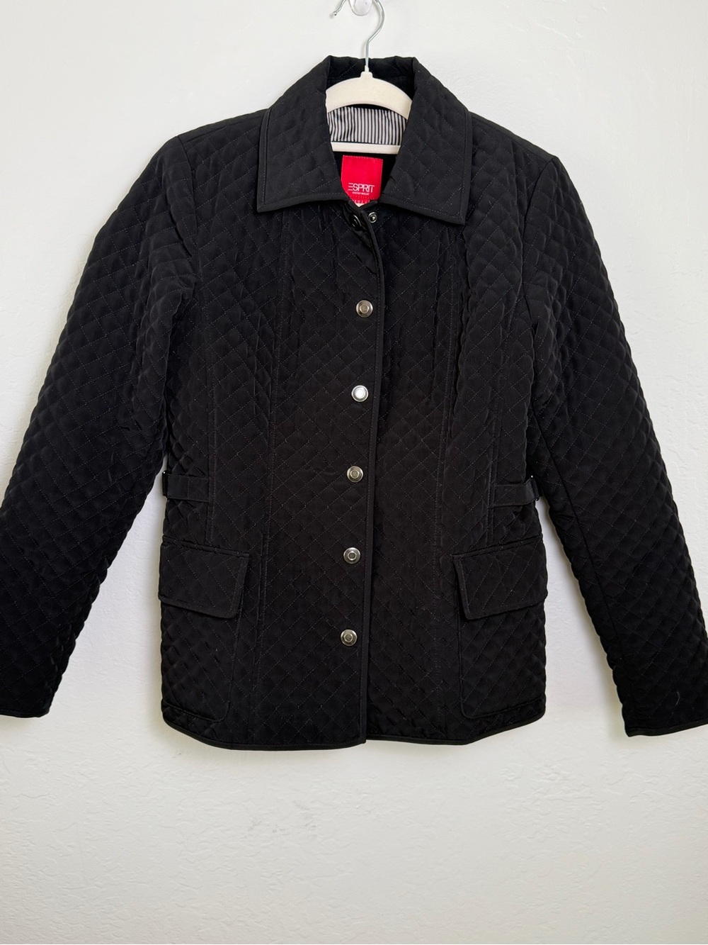 Esprit Black Quilted Jacket Snap Front Flap Pockets Size S